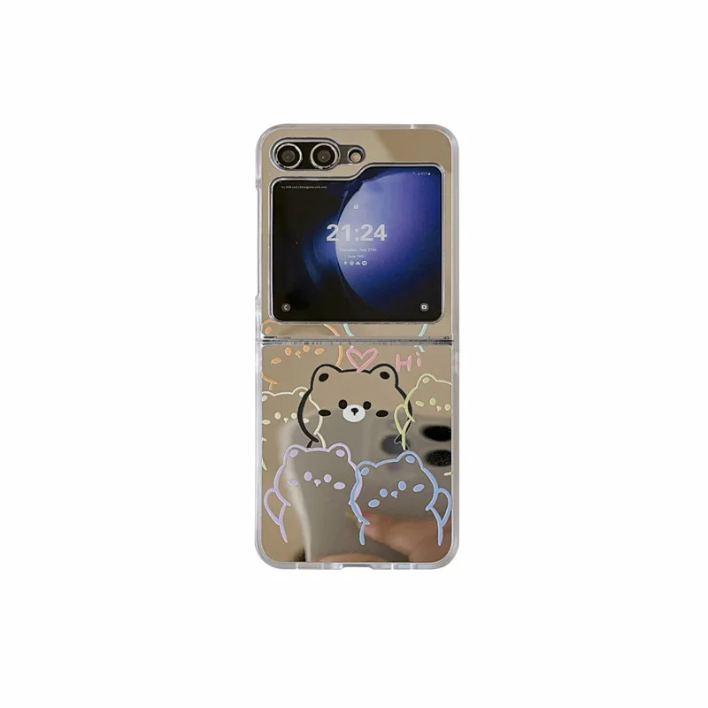 Cute Mirror Coal Ball Bear Phone Case for Samsung Galaxy Z Flip6 4 3 Hard Cover for ZFlip3 Zflip4 Zflip5 Solid Shell Bracket