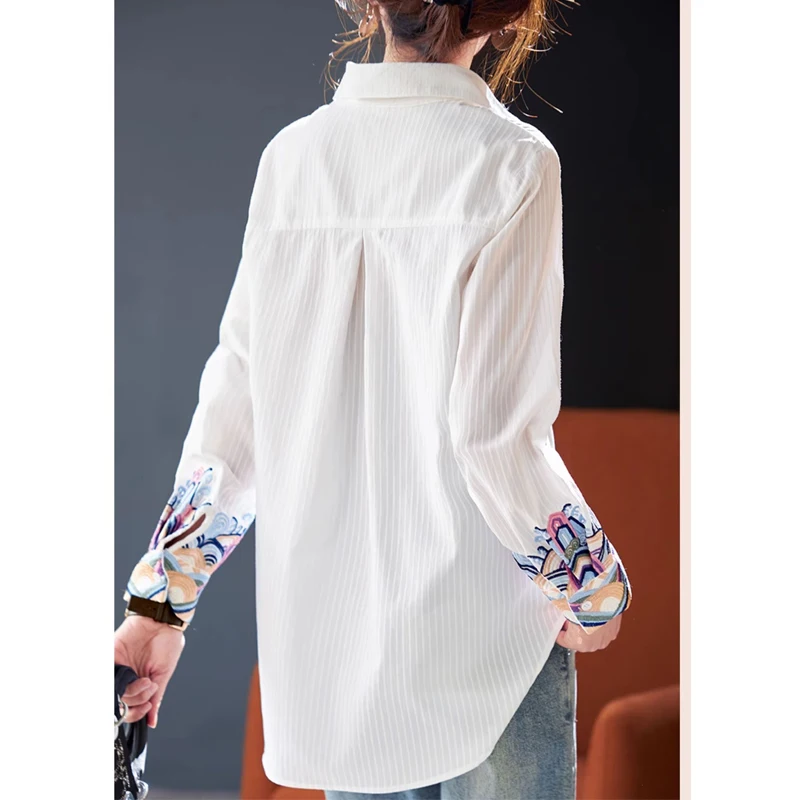 Women Fashion Vintage Embroidery Striped Button Up Shirt Office Lady Elegant Irregular Blouse Casual Long Sleeve Loose Tunic Top