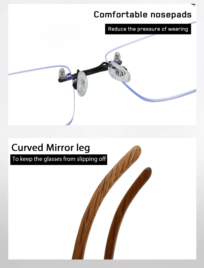 Bambus und Holz ohne Rahmen Brillen Markendesigner Anti-Blaulicht-Herren-Business-Brille Randlose Brillen – Detail 4