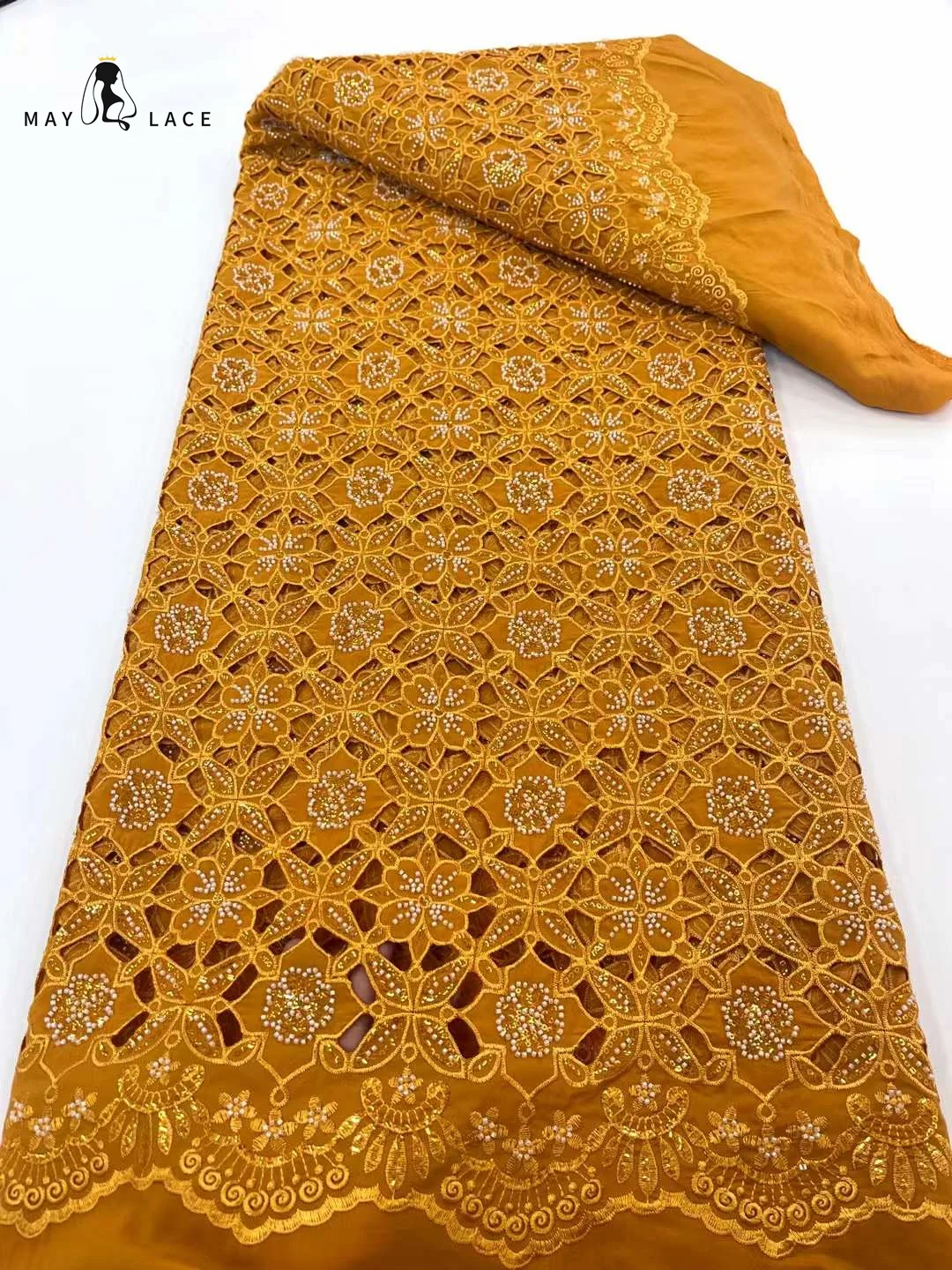 

MAY LACE African Milk Silk Cord Lace Fabric High Quality Embroidery Elegant Nigeria Lace Fabric Beaded Lace Material For Dress