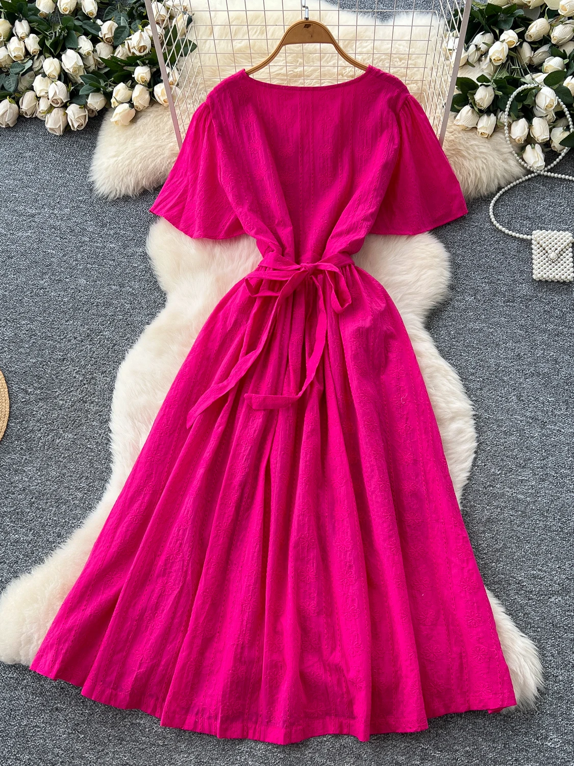 Vestido de Verano para Mujer, Estilo Coreano, Manga Corta, Cuello en V, Bordado, Cintura Ajustada, Falda de Línea A, Ropa de ...