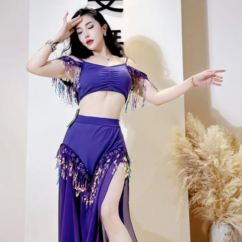 

customized belly dance practice outfit deep purple gold leaf sequin tassel performance costumes comes with chest cotton Eastern