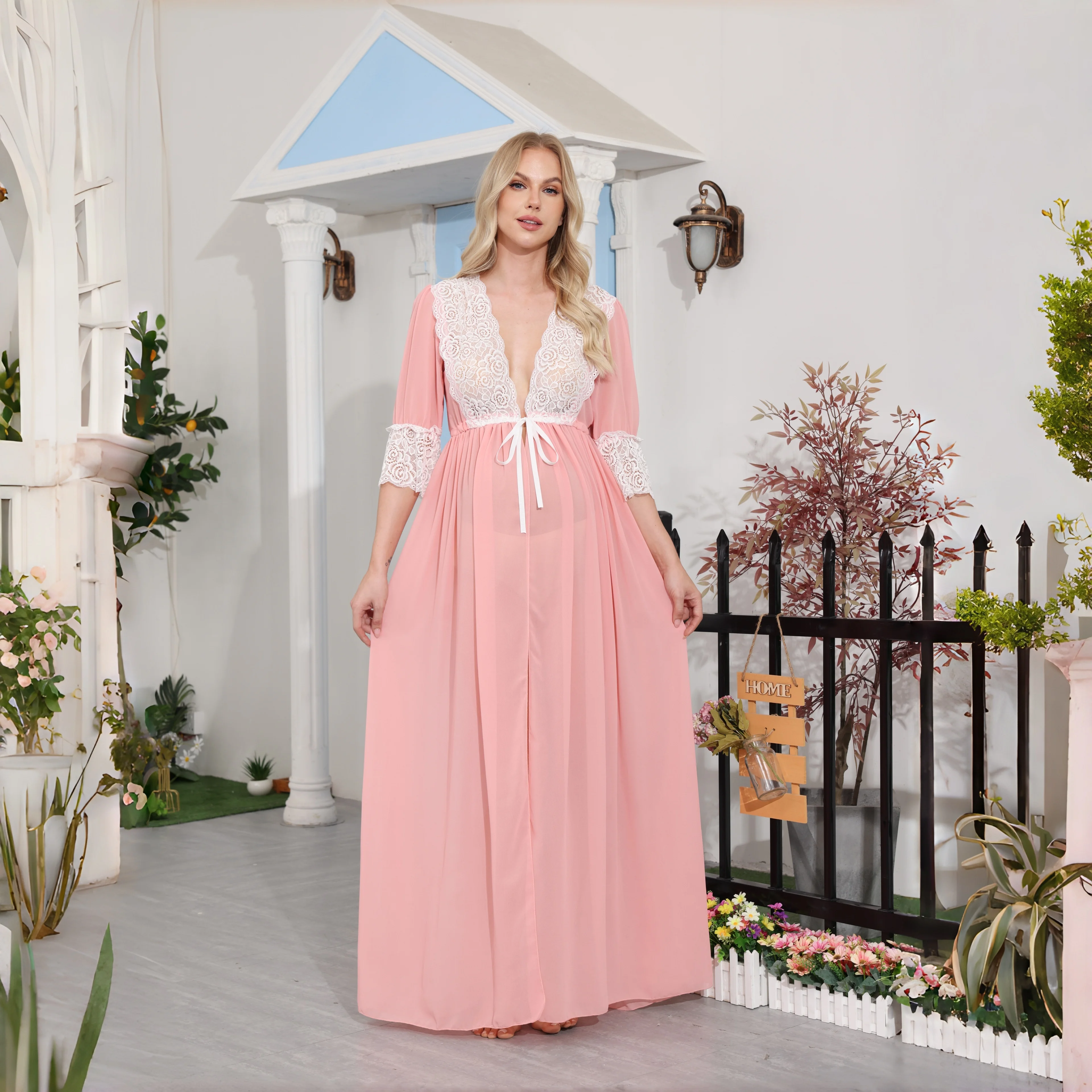 Chiffon Lace Maternity Night Dress Robe Pregnancy Photo Shoot Sleeping Dress