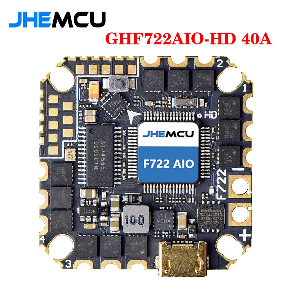 JHEMCU GHF722AIO-HD 40A Baro OSD BlackBox 5V BEC F722 Flight Controller BLHELIS 40A 4in1 ESC 2-6S for RC FPV Cinewhoop Drone