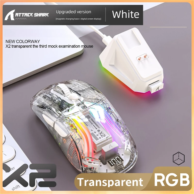 

Мышь Attack Shark X2 Pro с RGB-подсветкой, трехрежимная прозрачная игровая мышь с экраном и магнитной зарядной док-станцией, 4000 точек на дюйм