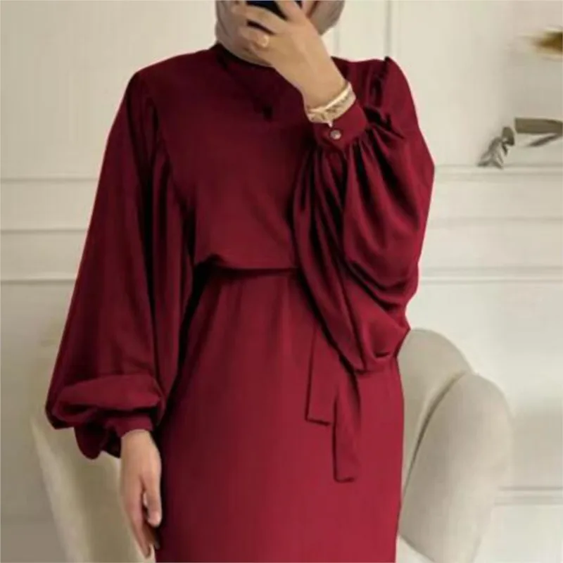 Boho Women\'s Dress Spring Fall Fashion Lantern Long Sleeve Belt Bag Hip O-Neck Casual Maxi Dresses For Women Robe Vestidos
