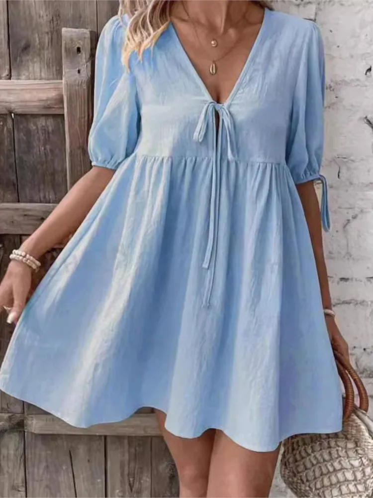 

2025 Summer Women's Casual Mini Dress Fashion Elegant Comfort Lace-up V-neck Solid Color Vestidos Loose A-Line Vacation Dresses