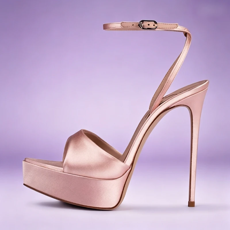 

Women's Pink Satin Platform High Heel Sandal Cutouts Open Toe Silk Fabric Ultra High Stiletto Dress Shoes Black Red