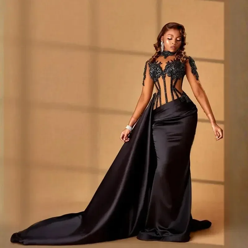 فستان سهرة فاخر للسيدات ، رقبة عالية ، ملفوف بأكمام طويلة ، تنورة فخذ قابلة للفصل ، كلاسيكي ، شارة حورية البحر سوداء براقة ، حفل كوتيل #2