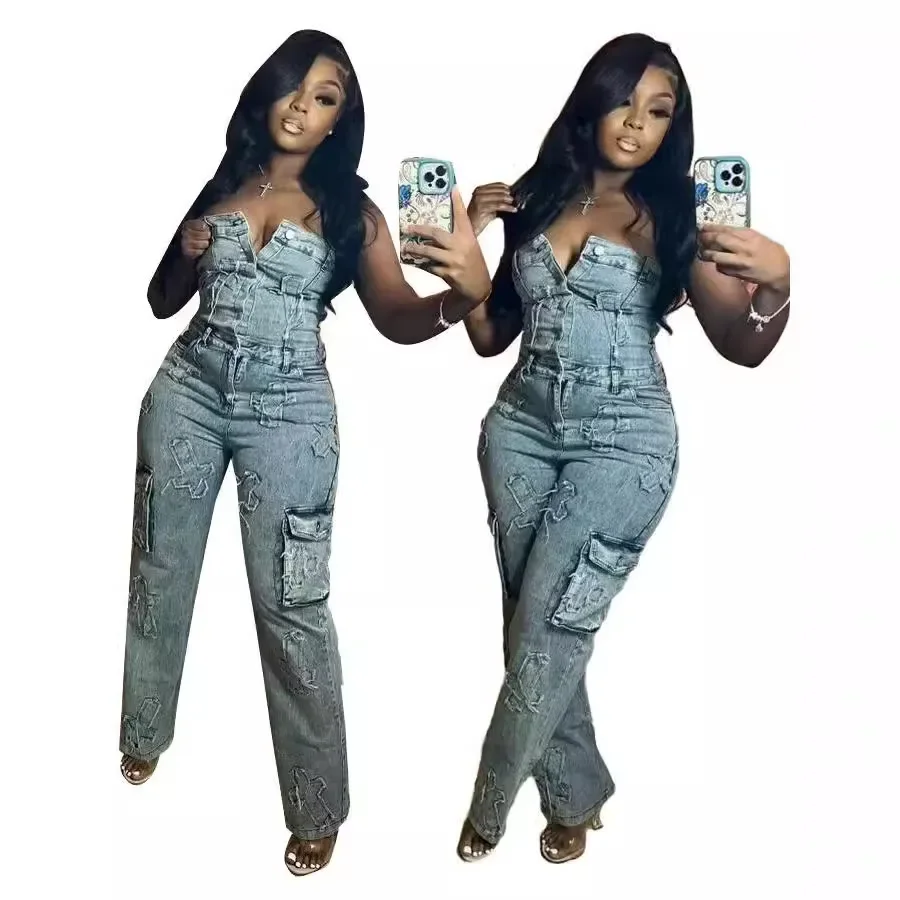 Cross Embroidered Strapless Jumpsuit 2024 Autumn Elastic Sleeveless Pocket Straight Pants Overall Party Club Streetwear