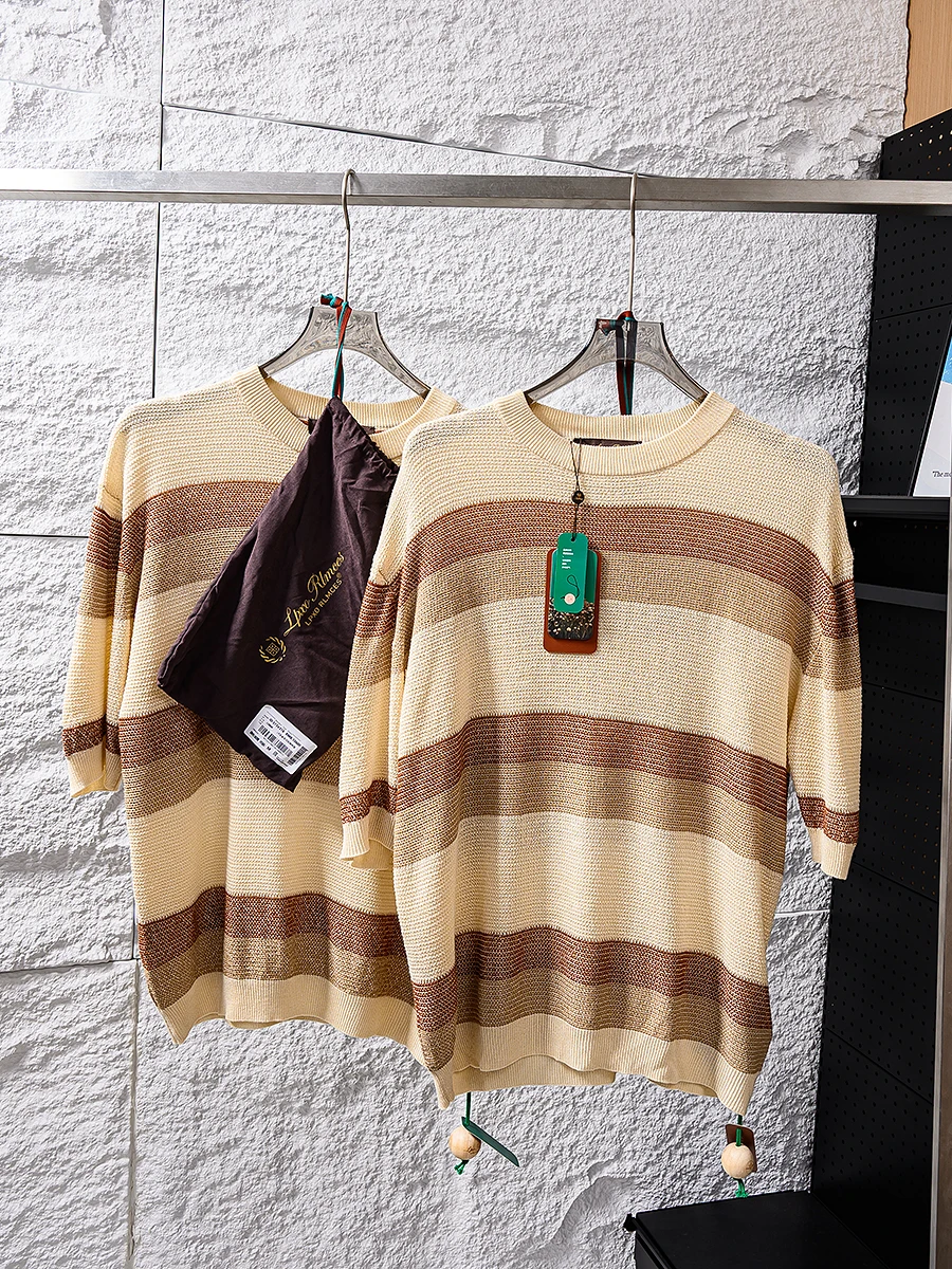 

Limited Edition Linen Knitted Short Sleeve T-Shirt round Neck Casual High End Summer Unisex Breathable Standard Fit Tee