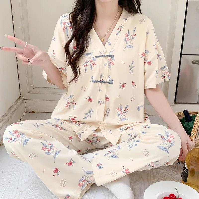 Pjs Women Cotton Pajama Style Sleepwear Pijamas Plus Size Nightwear Summer Women\'s Short Sleeved Long Pants Cardigan Pajama Set