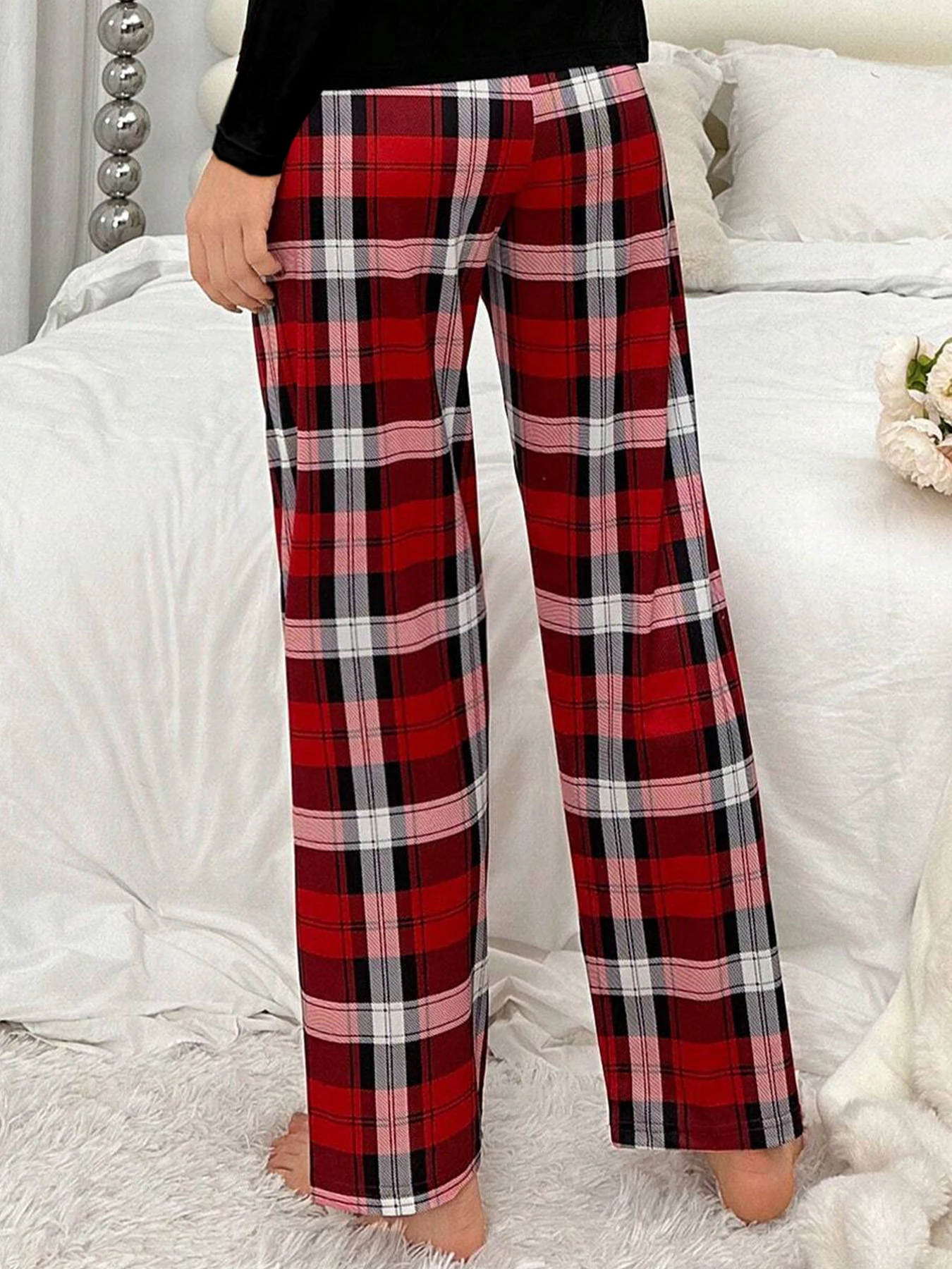 Spring, Summer, Autumn and Winter Women's Casual Classic Contrasting Check Pencil Pants Homewear Sleep Pants