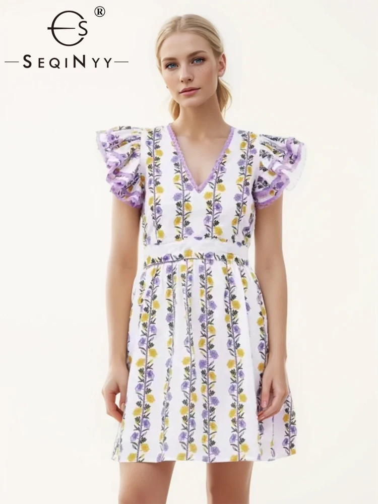 

SEQINYY Elegant Mini Dress Summer Spring New Fashion Design Women Runway Ruffles Flare Vintage Flower Print V-Neck Casual