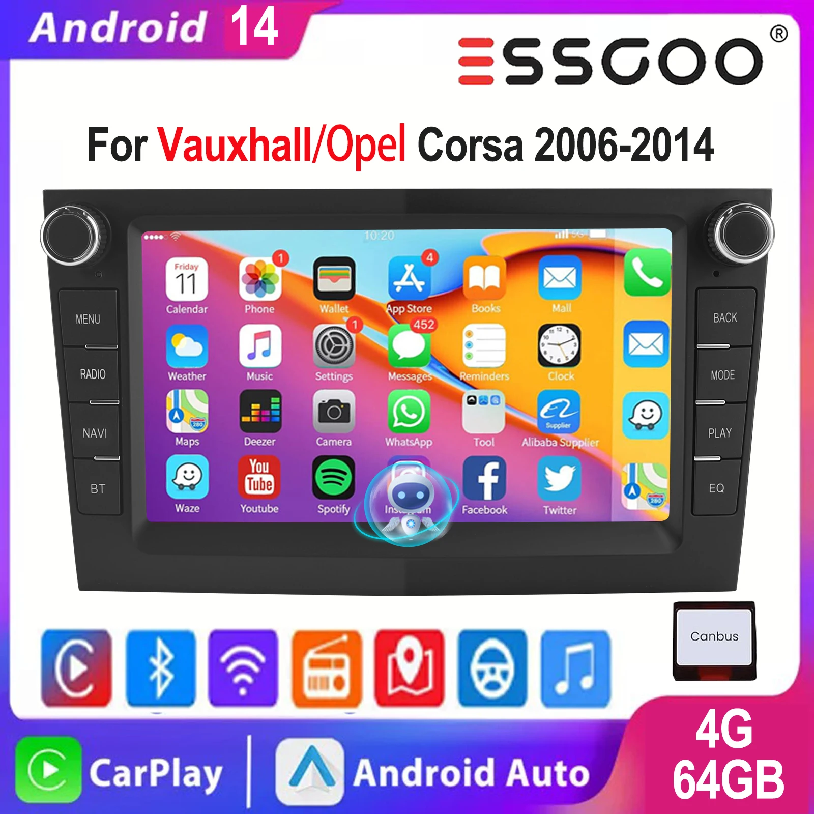 ESSGOO Apple Carplay For For Opel/Vauxhall Astra Corsa Zafira Meriva Vectra Android 14 7" Car Stereo GPS NAV WIFI FM BT AI Voice
