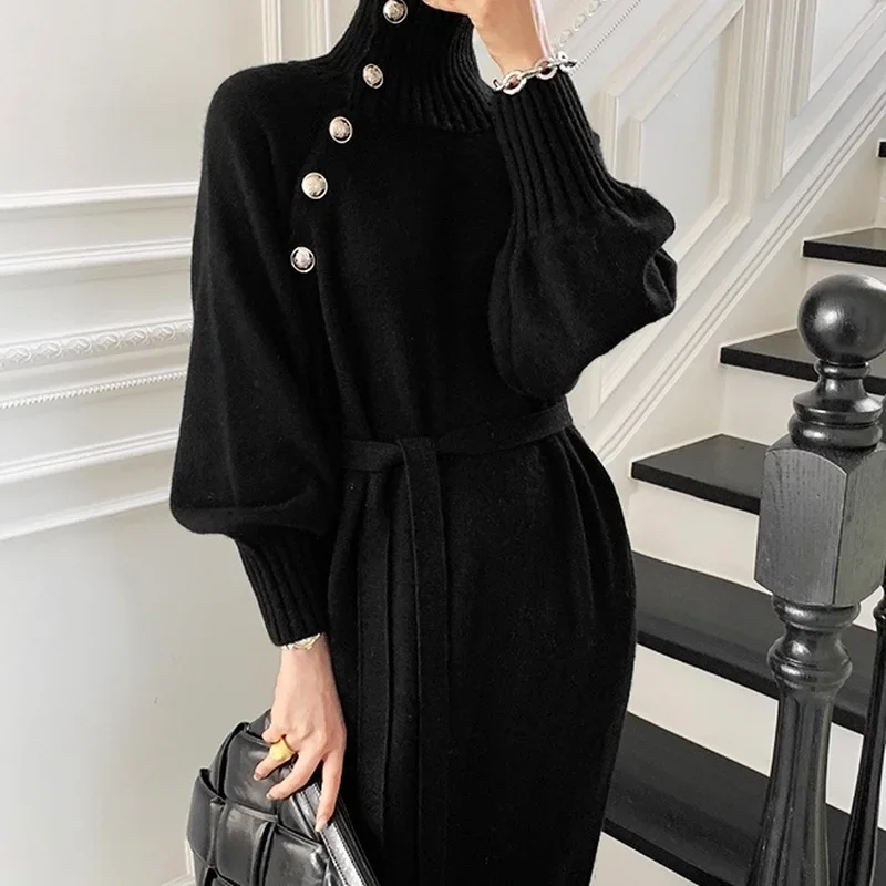 Stylish Winter Turtleneck Buttons Women Knitted Dress Elegant Full Sleeve Lace-up Female Thicken Long Sweater Dress