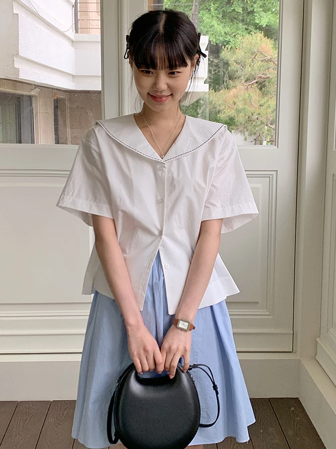 

Summer 2026 Sweet Navy Collar Loose Short Sleeve Pure Color Shirt Versatile Cute Anti-Aging Women's Premium Fashion Shirt