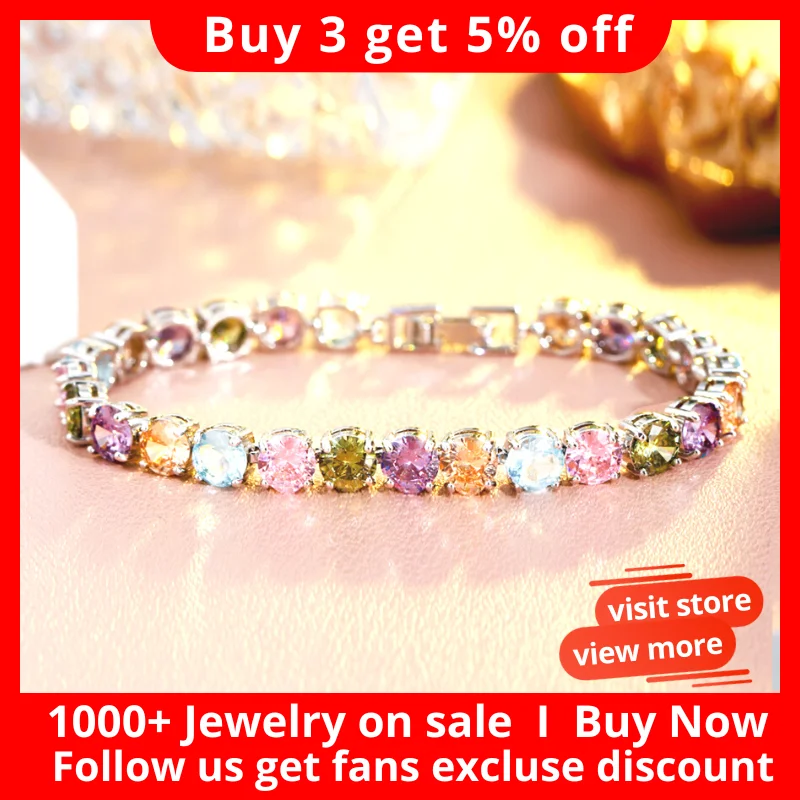 BeaQueen Classic Full CZ Stone Crystal Engagement Jewelry Romantic Multicolor Cubic Zirconia Chain Link Bracelets for Women B241