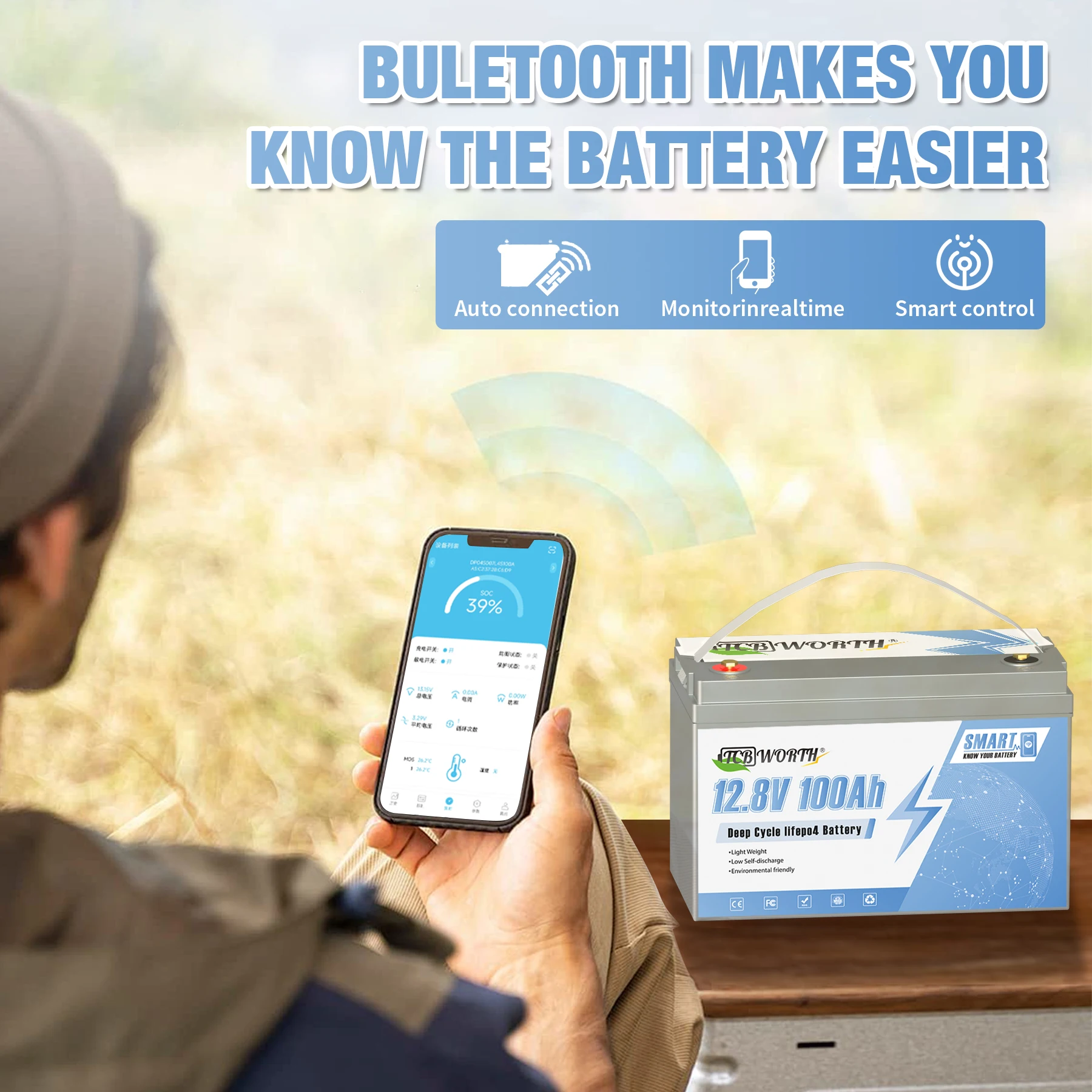 TCBWORTH 12 فولت 100 أمبير بطارية ليثيوم LiFePO4 بلوتوث مع بطارية ذكية BMS قابلة للشحن للنظام الشمسي RV السفر في الهواء الطلق المنزل