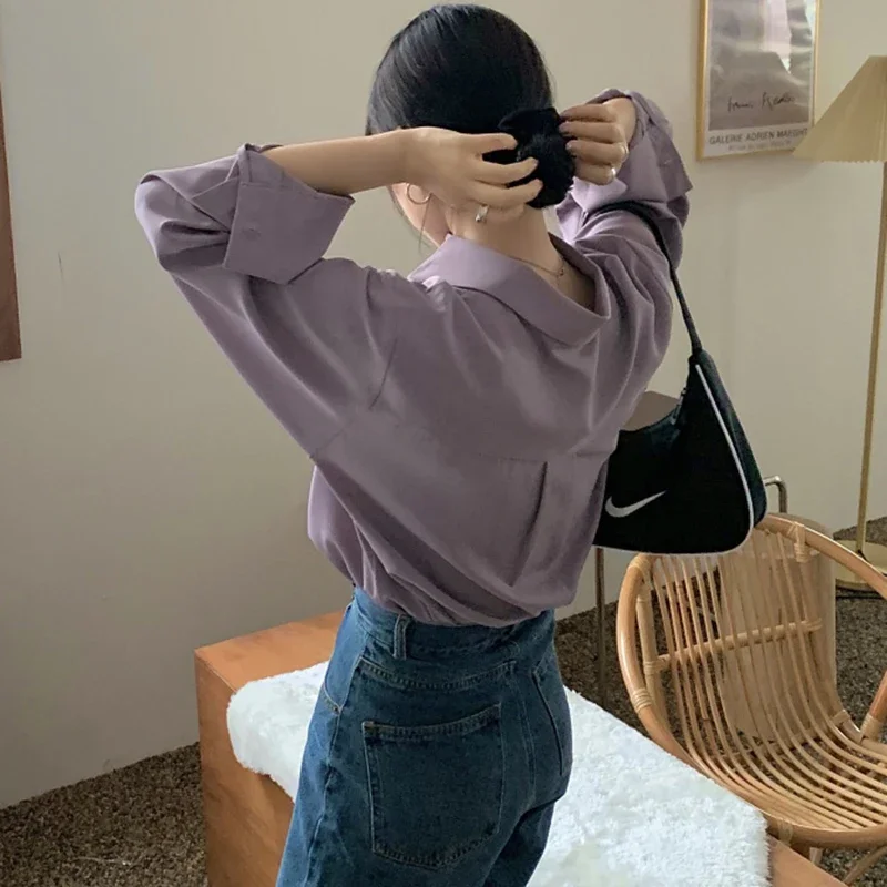 Shirts Women Pure Elegant Office Lady Simple Korean Style Leisure Long Sleeve Blouses Womens All-match Loose Daily Thin Chic New