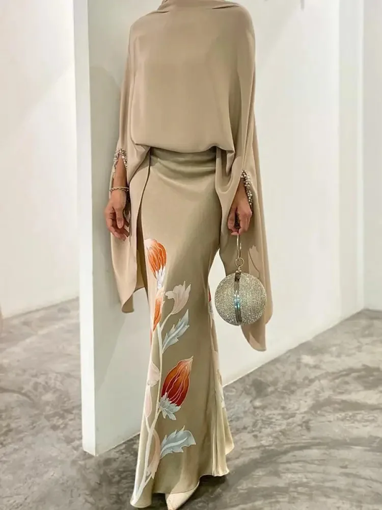 2026 Women Khaki Satin Two Piece Set High Neck Cape Batwing Sleeve Loose Blouse Floral Print High Waist Mermaid Skirt Suit