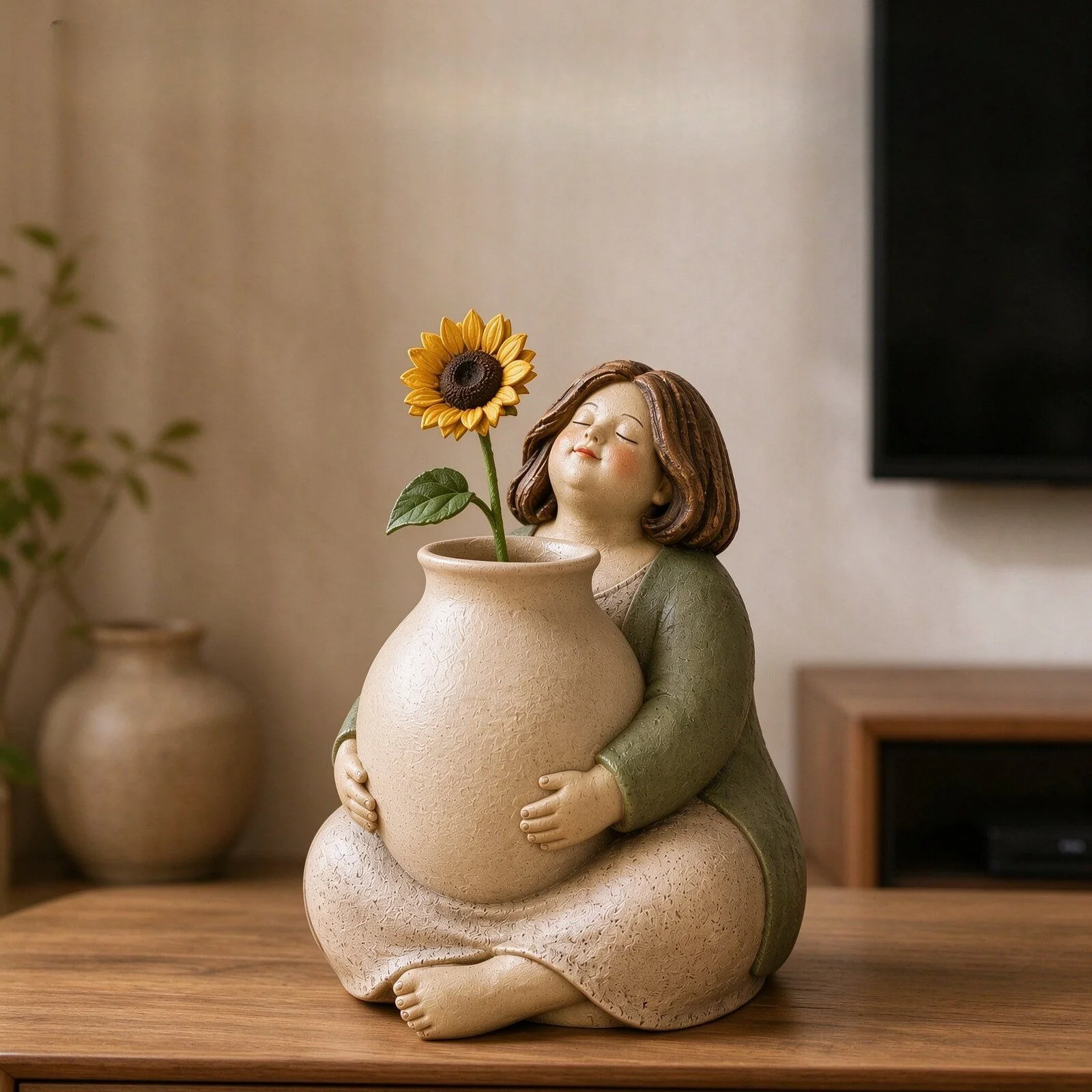 Plump Lady Holding Jar Vase Figurine, Healing Nordic Character Sculpture, Creative Desktop Entryway Resin Craft Home Decoration