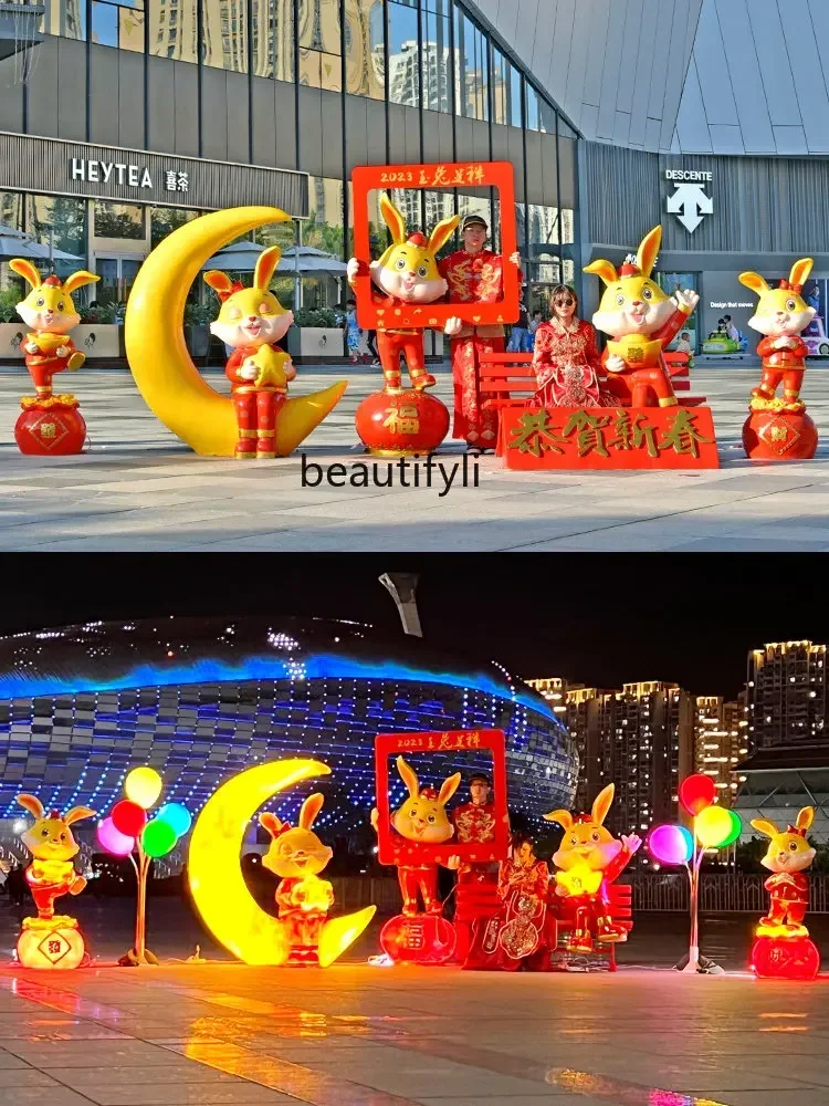 

zq New Year Rabbit Sculpture Chinese Zodiac Sign of Rabbit Mascot FRP Decoration Spring Outdoor Jubilant Decoration