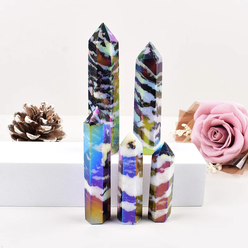 Natural Crystal Zebra Stone Aura Electroplating Obelisk Tower Hexagonal Wand Healing Treatment Stone Home Ornament