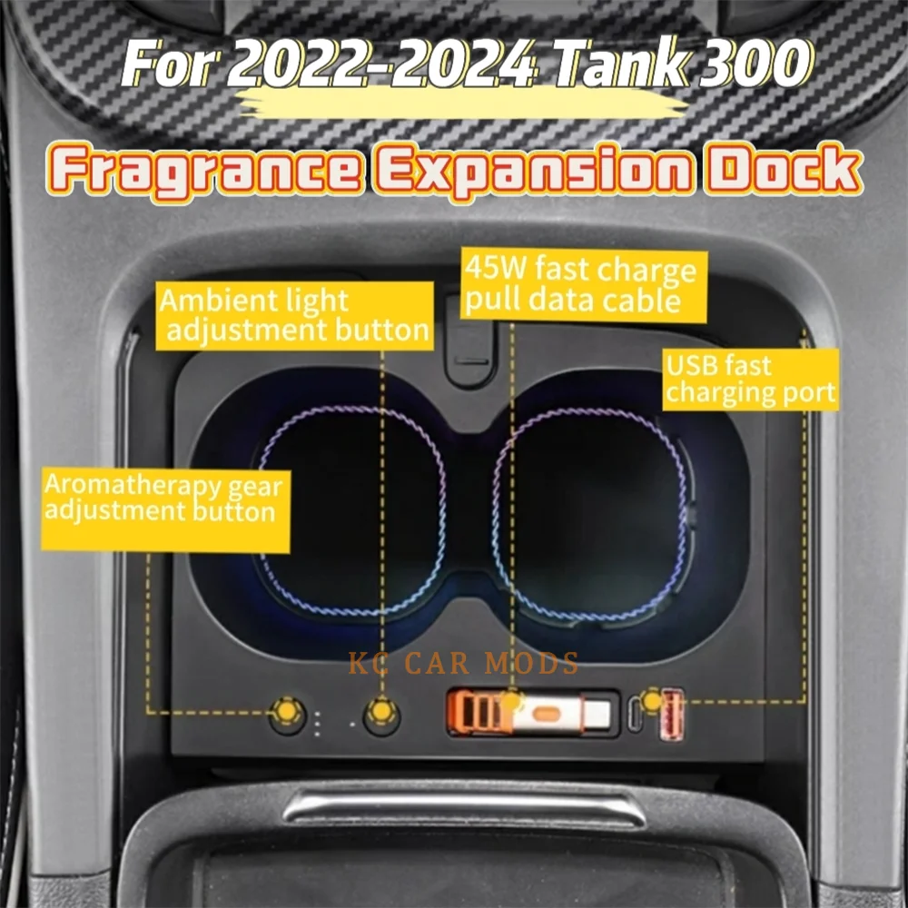 

For 2022 2023 2024 Tank 300 Car Fragrance Dock 45W Fast Charging USB Hub Ambient Light Aromatherapy Cup Holder with Light
