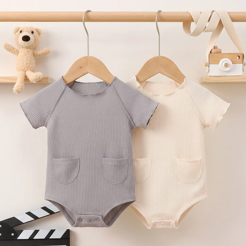2 Pieces of Baby Short-Sleeved Rompers, Pure Color Waffle Fabric, Suitable for Daily Wear, 0-2 Years Old 2