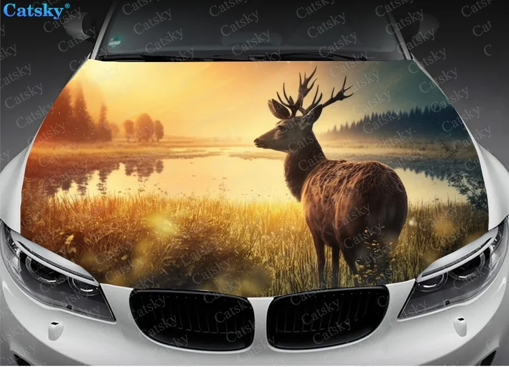 Deer with Landscape Car Hood Vinyl Stickers Wrap Vinyl Film Engine Cover Decals Sticker Car Hood Protective Film