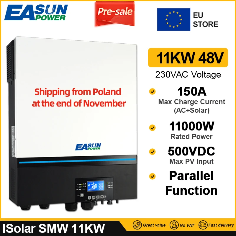 Easun Soalr Inverter 11KW 150A Dual MPPT Dual AC Output 230V 48V 50hz/60hz 500vdc PV Input Off Grid Solar Charger WIFI Parallel