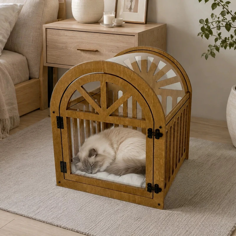Solid Wood Dog Cage Acrylic Movable Breathable Cat Nest Arched Transparent Pet House with Wheels Tray Removable Durable Kennel