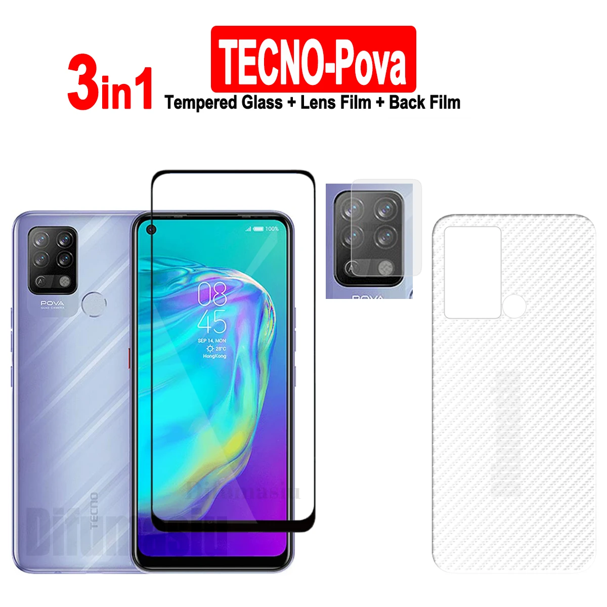 

For Tecno Pova Tempered Glass Screen Protectors Tecno Pova Soft Camera Lens Protector Full Cover Screen Glass 3in1 Back Film