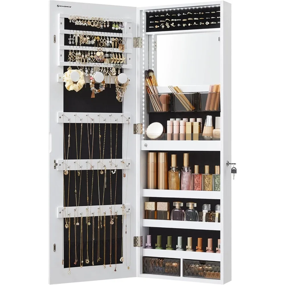 Mirror Jewelry Cabinet Armoire Organizer, Wall or Door Mount Storage Cabinet with Full-Length Frameless Lighted Mirror