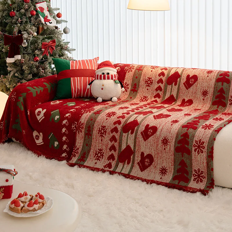 Red Christmas Thick Velvet Sofa Towel Soft Chenille Printed Sofa Cover for Living Room 1/2 Seater Anti-Scratch Couch Protector