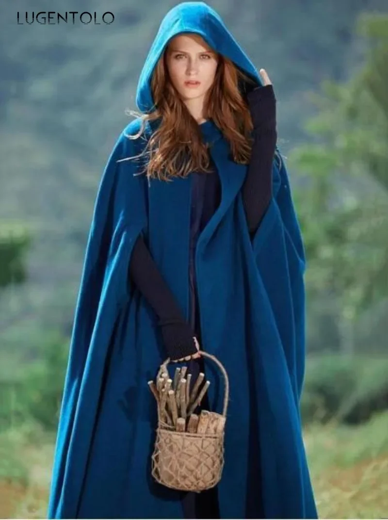 Women Hooded Capes Vintage Big Swing Solid Autumn Casual Coat Bat Sleeves Female Loose Elegant Long Clothing