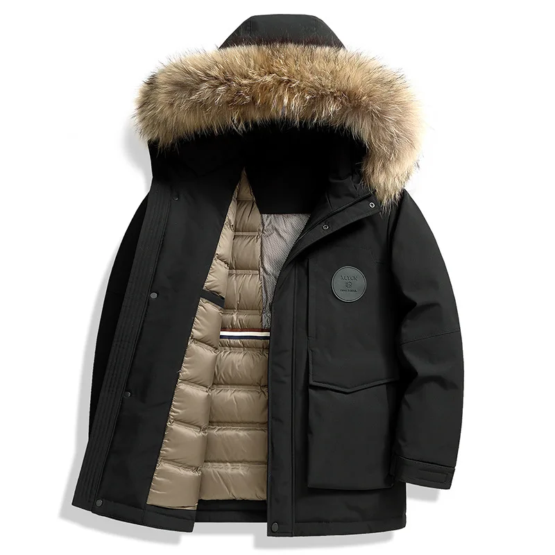 

Thickened down jacket men's warm 90 white duck down can be removed raccoon fur collar jacket business casual hooded down jacket