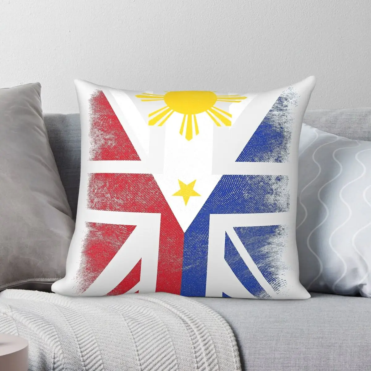 British Filipino Flag Square Pillowcase Polyester Linen Velvet Pattern Zip Decorative Sofa Cushion Cover