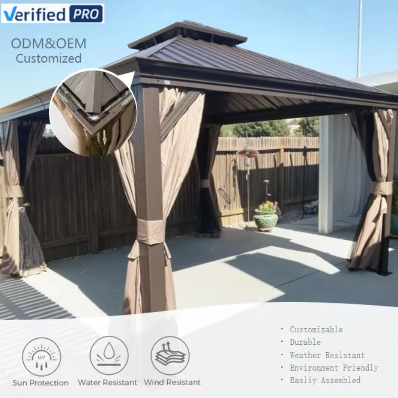 

Садовая металлическая беседка, алюминиевая беседка-тент с жесткой крышей, шторами и москитной сеткой.