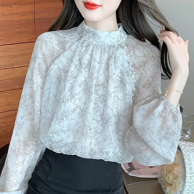 Spring Autumn Fashion Printed Long Sleeved Chiffon Shirt for Women\'s Loose Age Reducing Temperament Youthful Versatile Chic Top