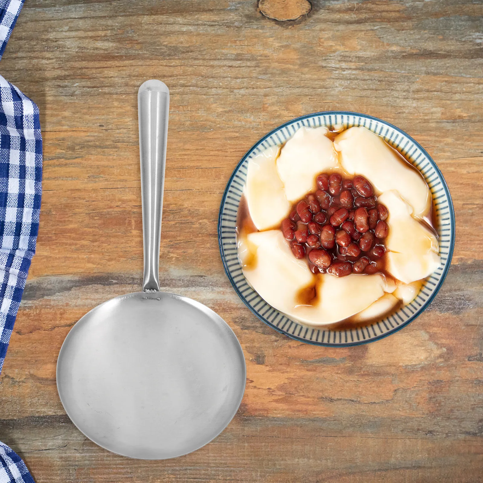 Cuchara para tofu de acero inoxidable con base plana, cuchara de cocina para servir arroz, gelatina, tofu, utensilio de cocina asiática para sopa