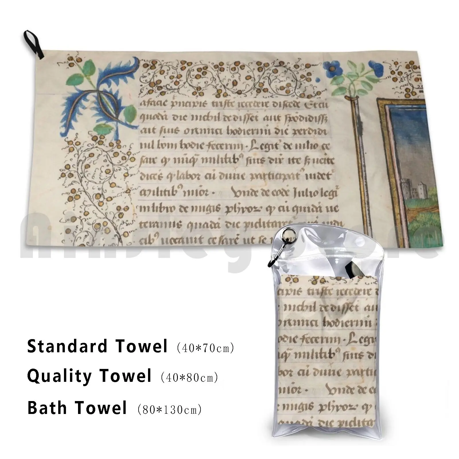 Medieval Illuminated Bath Towel Beach Cushion Illuminated Design Medieval Illuminated Illuminated Leaf