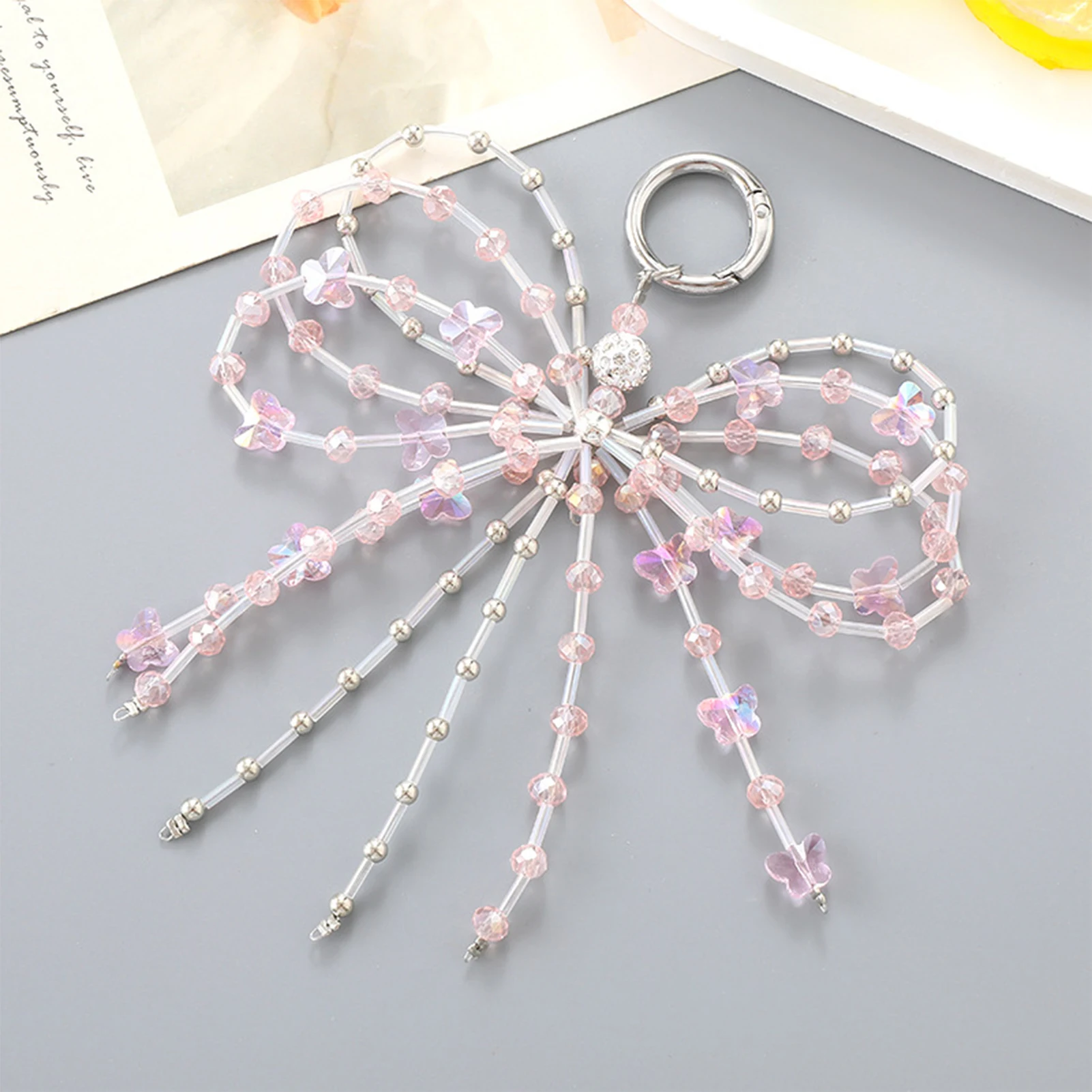 Handmade Pearl Crystal Bow Shaped Pendant Keyring Ornament Delicate Beaded Keychain Female DIY Decoration For Bags Phones