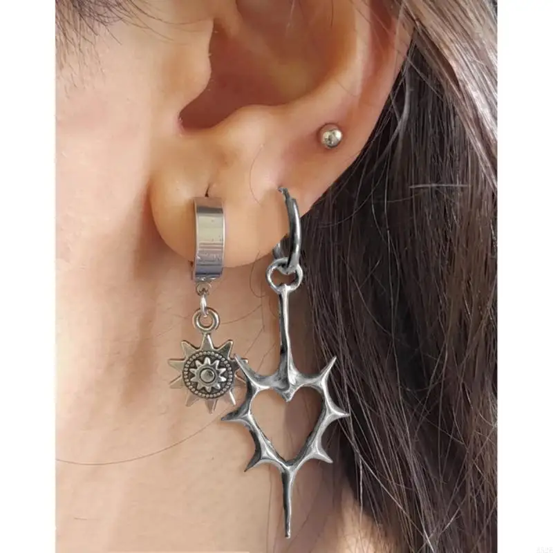 A52E Punk Hip Hop Dangle Earrings Gothic Thorn Heart Hoop Earrings Fashion Drop Earrings Huggie Earrings Unisex Jewelry