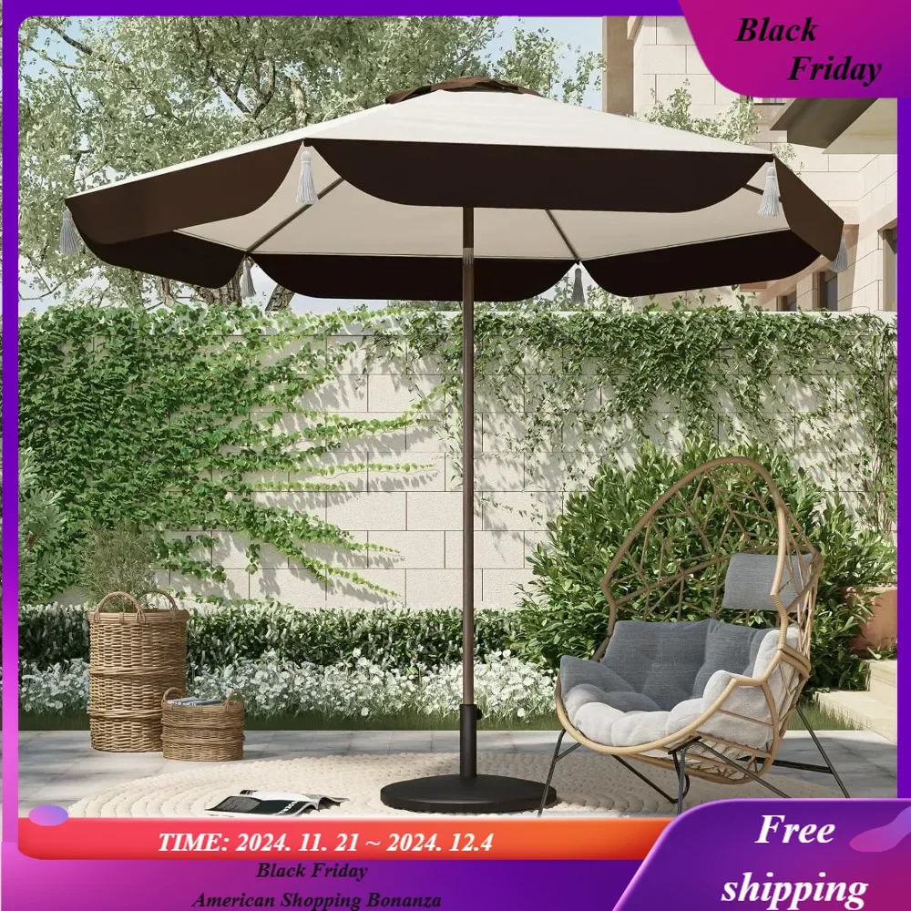 9FT Patio Umbrella with Fringe, Outdoor Tassel Umbrella with Push-Button Tilt for Poolside, Deck, Garden, Beige and Coffee