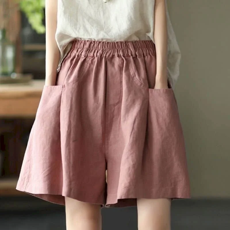 여성을위한 팝 솔리드 반바지 여름 캐주얼 코튼 스트레이트 짧은 바지 한국 스타일 탄성 허리 5 점 바지 여성 Clothi