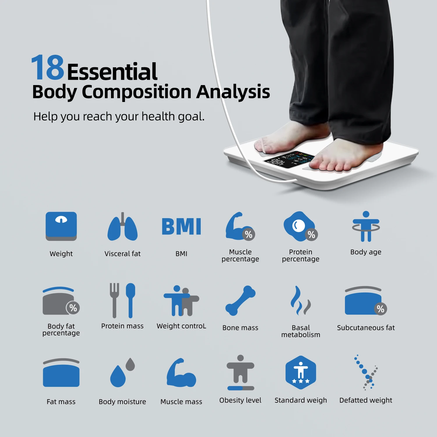 مقياس BMI مقياس تكوين الجسم الذكي 8 أقطاب كهربائية مقياس المعاوقة الحيوية مع التطبيق الذكي LED مقياس الدهون الرقمي للجسم