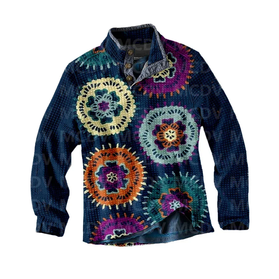 Men's Long Sleeve Casual Top Retro Flower Print Men's Polo Pullover Men Autumn Winter Sweater