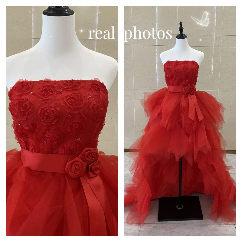 Abiti Sexy Quinceanera senza spalline Tulle rosso corto davanti e lungo dietro abiti moda semplice Vestido De debuttante con treno